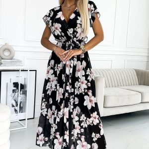 robe longue noire avec fleurs blanches